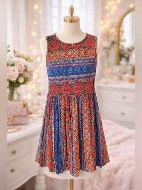 Forever 21 Boho Print Sleeveless Dress Red Blue Tribal Fit & Flare Small
